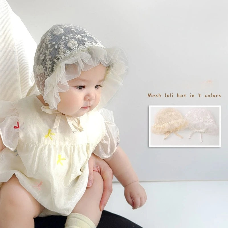 1 Piece Korean Fashion Princess Beanie for Baby Girl Mesh Gauze Embroidery Floral Ruffle Newborn Photography Props Infanr Hat